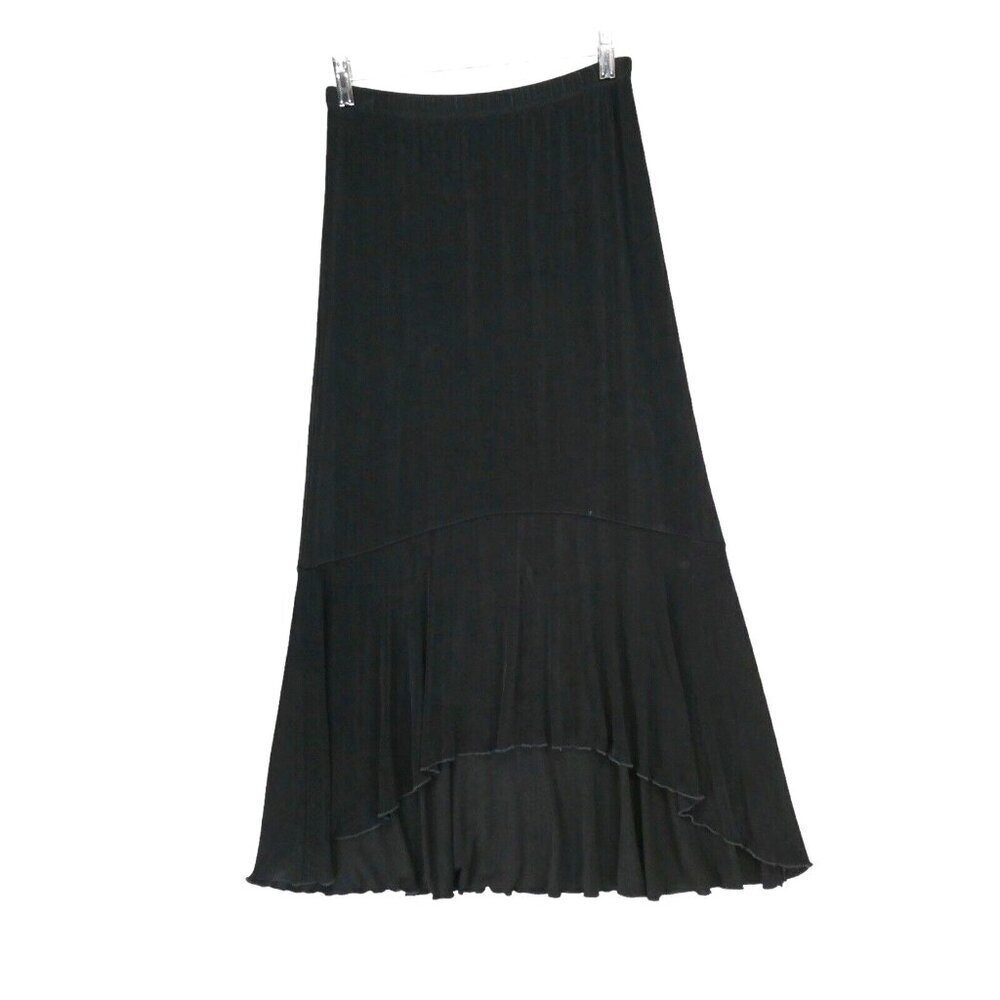 Chico Travelers Maxi Skirt Size 1 (M/8) Black Slinky Flounced lettuce hem Hi Lo‎